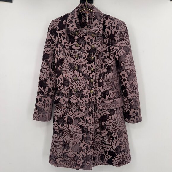 Free People Pink & Black Brocade Velvet Coat – Size 4 – Winter Women’s - Picture 2 of 11